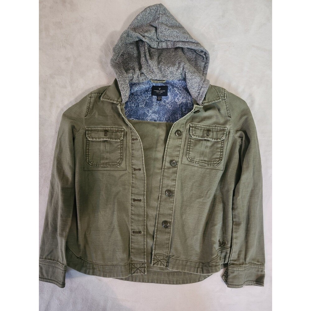 olive green American Eagle utility jacket featuring a soft gray attached hood...